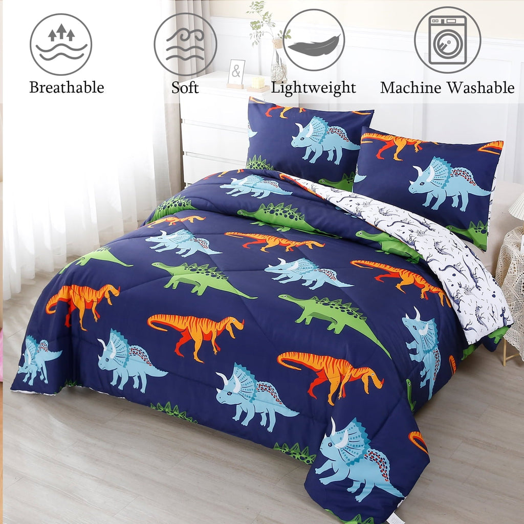Luxurious Quilted 3 Pcs Dinosaur Twin Size Bedding Sets for Boys, Dinosaur Printing Boys Comforter Set, Blue and White Reversible Bed C... - Cloud-Like Soft Lightweight Bed Comforter Detail