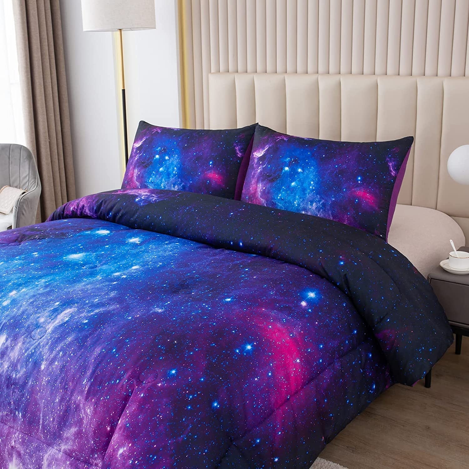 Fluffy Down Alternative Galaxy Comforter Set Outer Space Purple Starry Sky Night Pattern Bedding Set for Girls Boys Kids Teens Twin Size with... - All-Season Down Alternative Comforter Insert Detail