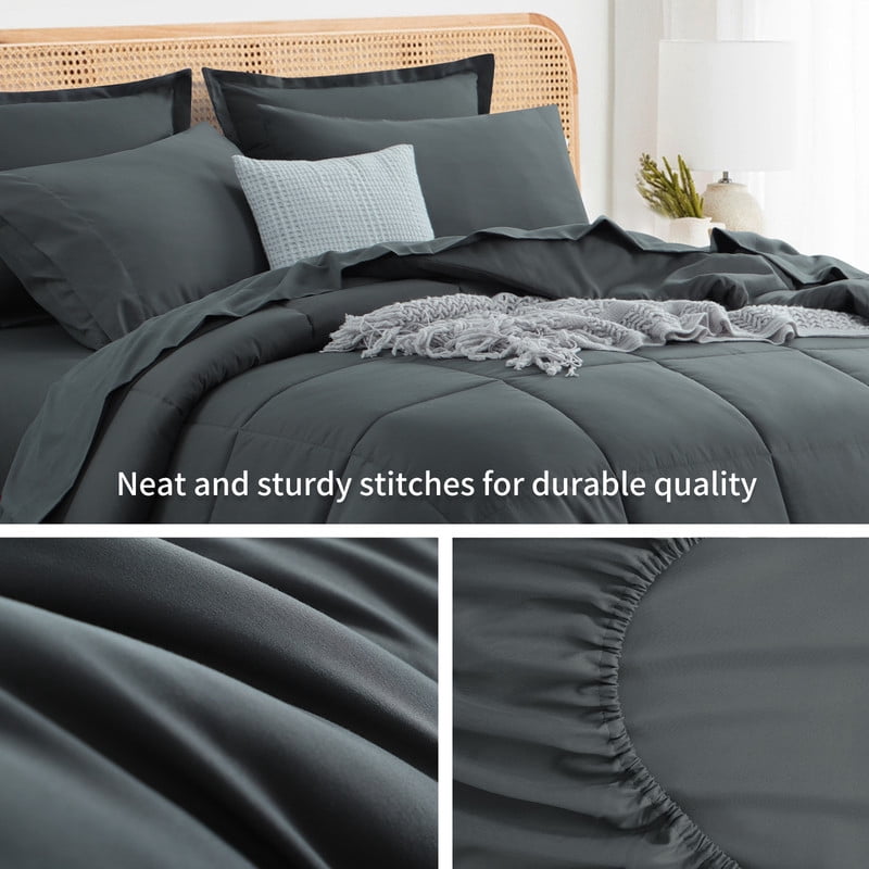 Fluffy Down Alternative 7 Pieces Comforter Set with Sheets - Bed in a Bag with Comforter and All Season Sheets, Pillowcases,Dark Gray,Queen - All-Season Down Alternative Comforter Insert Detail
