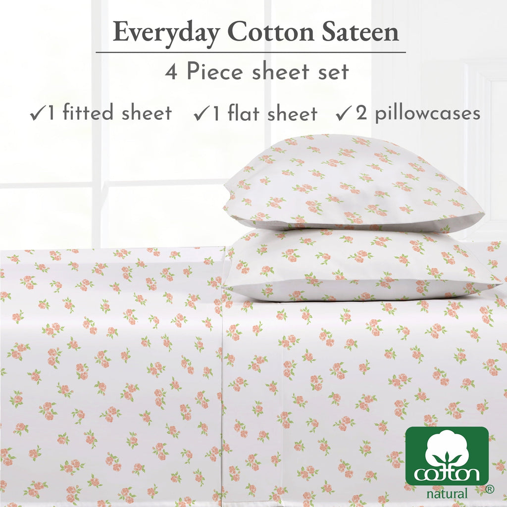 Cooling Sateen 4 Piece Printed Floral Bed Sheets Queen Size Set - 100% Cotton Sheets Queen, Soft Sateen Bedsheets, Deep Pocket Queen... - Breathable Egyptian Cotton Flat & Fitted Sheets Detail
