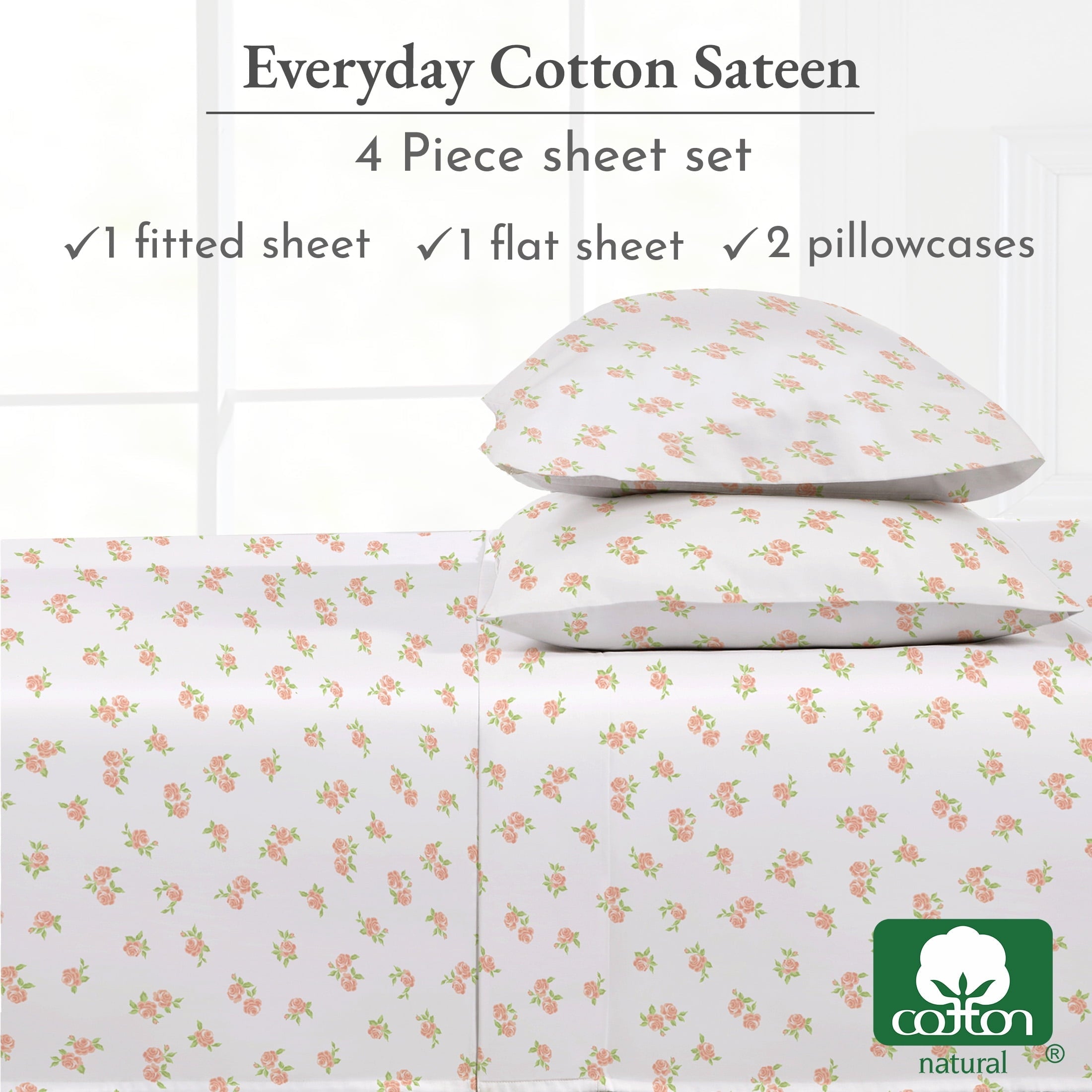 Cooling Sateen 4 Piece Printed Floral Bed Sheets Queen Size Set - 100% Cotton Sheets Queen, Soft Sateen Bedsheets, Deep Pocket Queen... - Breathable Egyptian Cotton Flat & Fitted Sheets Detail