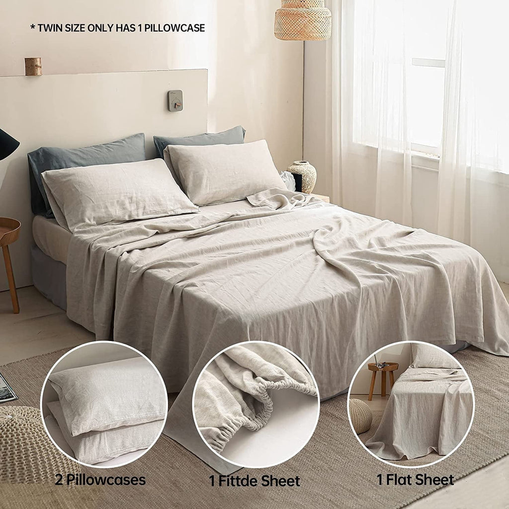 Wrinkle-Resistant 100% Linen Sheet Set Solid Color-4 Pcs Washed French Linen Bed Sheets(1 Flat Sheet,1 Fitted Sheet,2 Pillowcases)-Brea... - Cooling Hotel Quality Bedding Sheets and Pillowcases Detail