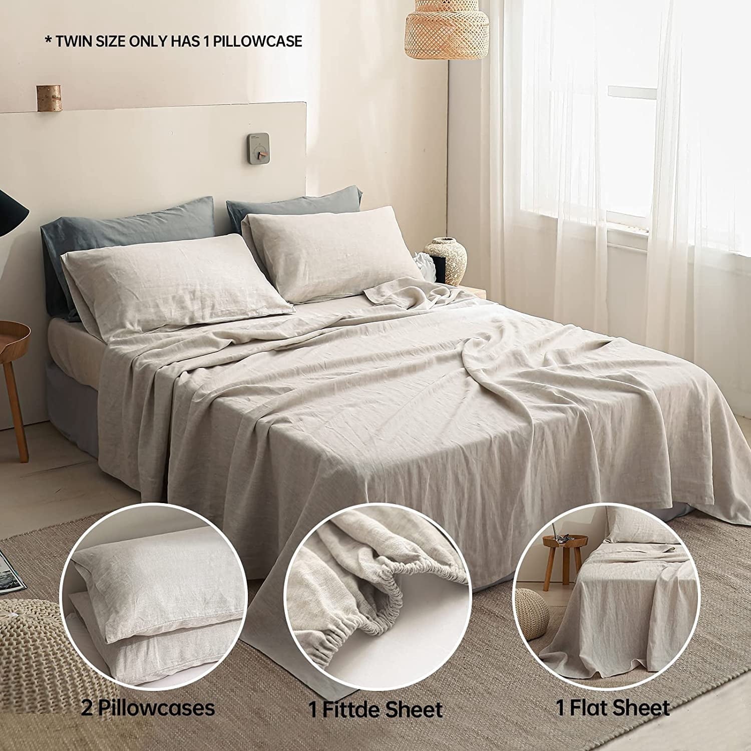 Wrinkle-Resistant 100% Linen Sheet Set Solid Color-4 Pcs Washed French Linen Bed Sheets(1 Flat Sheet,1 Fitted Sheet,2 Pillowcases)-Brea... - Cooling Hotel Quality Bedding Sheets and Pillowcases Detail