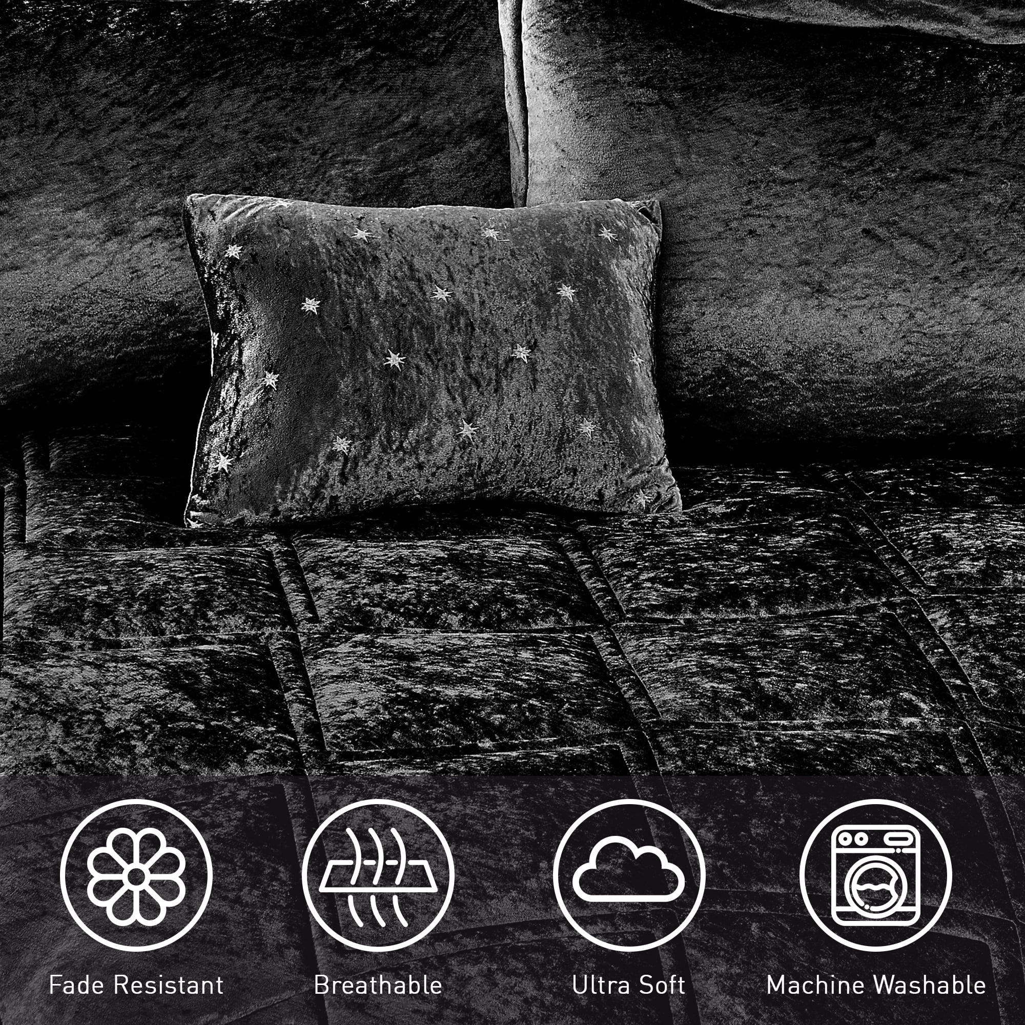 Fluffy Down Alternative King/Cal King Size Comforter Sets, Velvet Bedding Comforter Set for All Seasons, Black Bedding Set with Decor Pillow - Hypoallergenic Ultra-Fluffy Quilt for Winter Detail