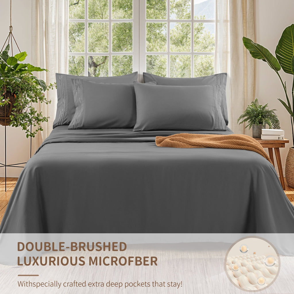 Breathable Luxury 6 Pieces Bed Sheet Set, 1800 Series Soft Microfiber Queen Sheets with 16" Deep Pocket, Dark Gray - Premium Ultra-Soft Pillowcase Pair for Sleeping Detail
