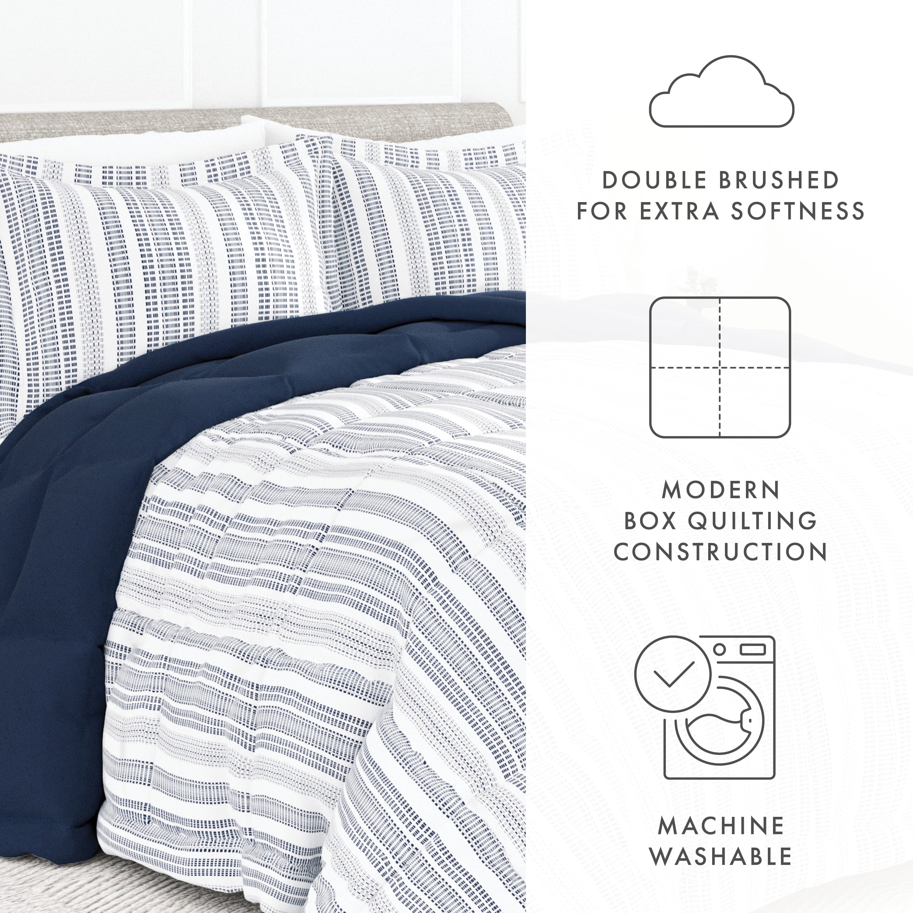 Fluffy Down Alternative 2-Piece Navy Farmhouse Dreams ReversiblePrint Comforter Set, Twin/TwinXL - Luxurious Quilted Duvet Cover Set Detail
