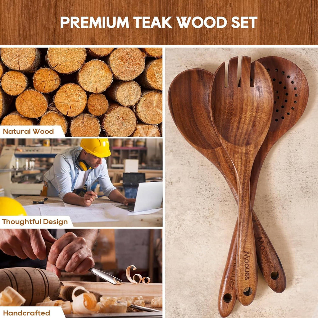 Non-Stick Safe 6-Piece Natural Teak Wooden Spoons for Cooking With 10 Hooks，Handcrafted Kitchen Utensils Set ，Ideal Gift Set - Heat-Resistant Silicone Cooking Spatula Turner Detail