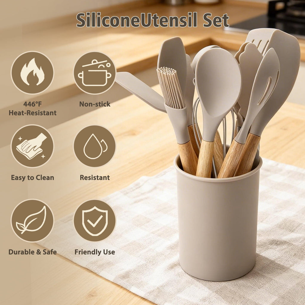 Professional Grade Silicone Cooking Utensils Set, Heat Resistant Kitchen Tools, 36 PCS Non-Stick Silicone Cooking Kitchen Utensils, Khaki - Multi-Purpose Hand Tool for Daily Meal Prep Detail