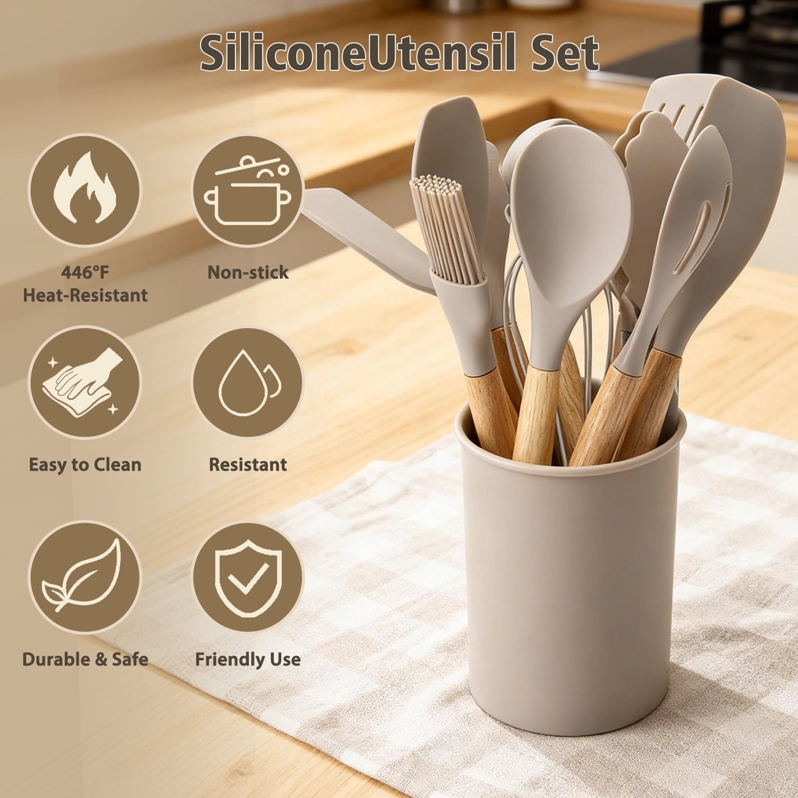 Professional Grade Silicone Cooking Utensils Set, Heat Resistant Kitchen Tools, 36 PCS Non-Stick Silicone Cooking Kitchen Utensils, Khaki - Multi-Purpose Hand Tool for Daily Meal Prep Detail