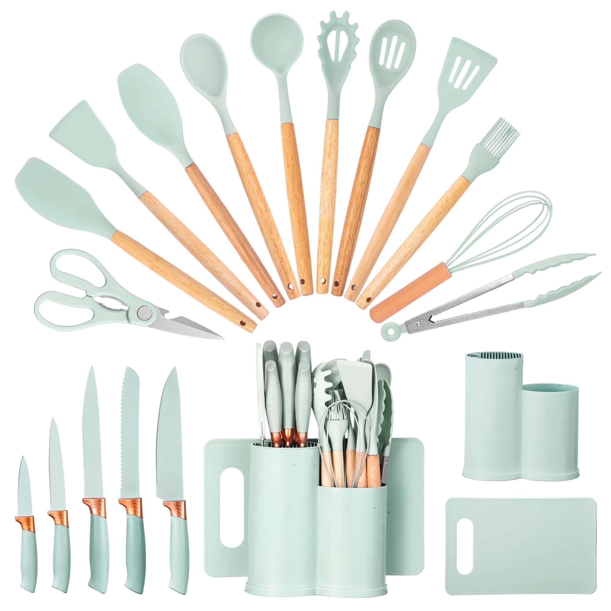 Heat-Resistant 19pcs Silicone Kitchen Utensil Set, Heat-Resistant Non-Stick Easy Cooking Cleaning Home Light-Green - Durable Turner & Ladle Utensil Set for Home Chefs - Default Title