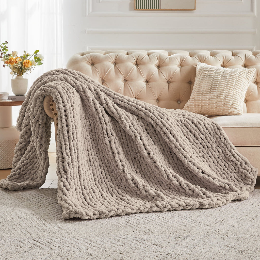 Lightweight Warm Chunky Knit Throw Blanket Handmade Soft Throws for Couch Sofa Bed, 50" x 60" Taupe - Luxury Knitted Decorative Throw Blanket with Fringes Detail