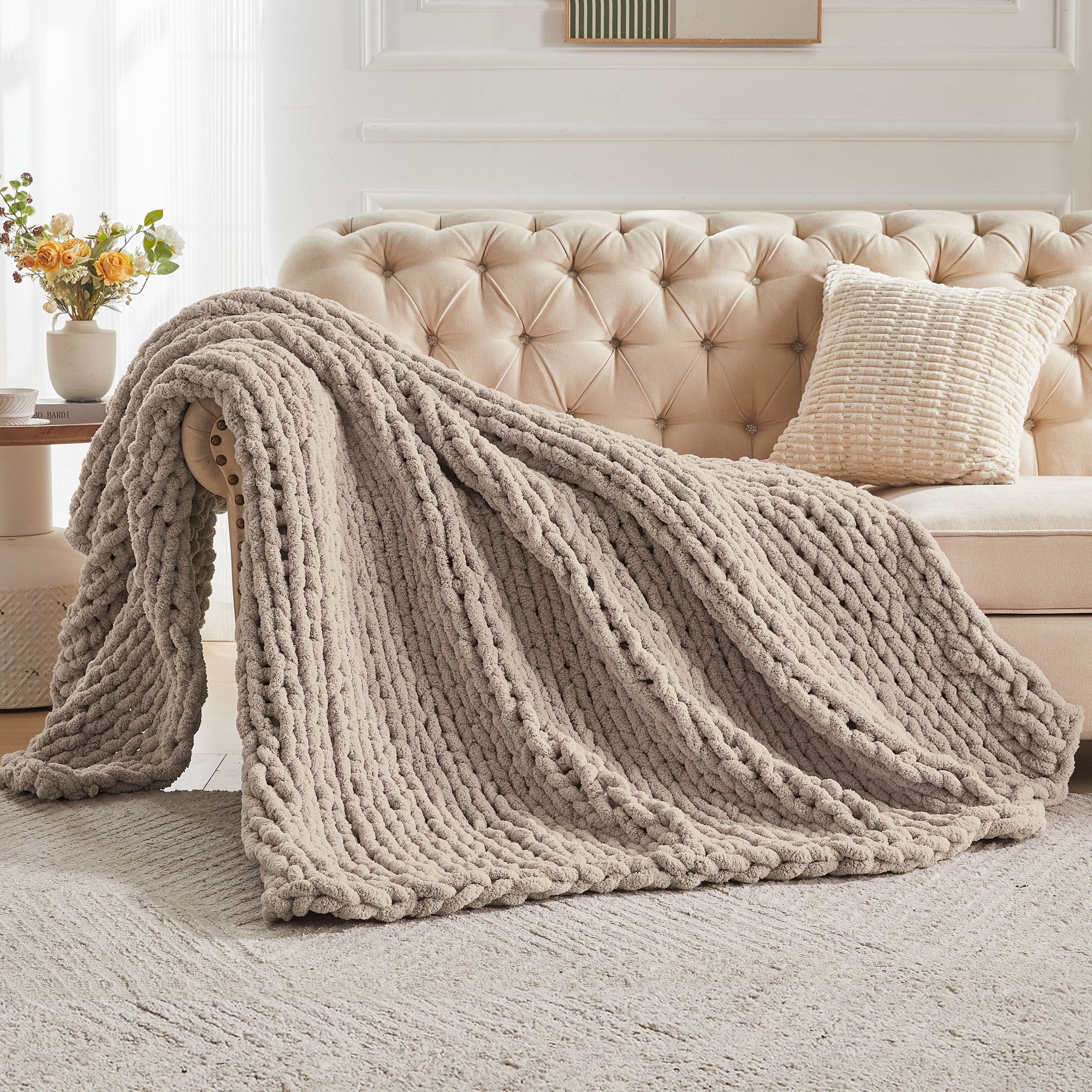 Lightweight Warm Chunky Knit Throw Blanket Handmade Soft Throws for Couch Sofa Bed, 50" x 60" Taupe - Luxury Knitted Decorative Throw Blanket with Fringes Detail