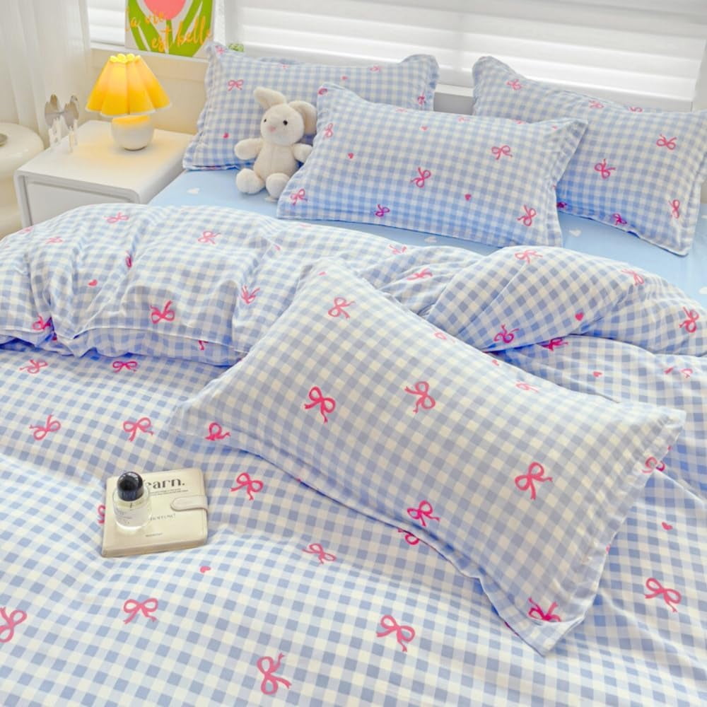 Hypoallergenic Cloud 3-Piece Blue Plaid Pink Bows Comforter Full Set , Cute Soft Bedding Set for Kids Adults - Hypoallergenic Ultra-Fluffy Quilt for Winter Detail