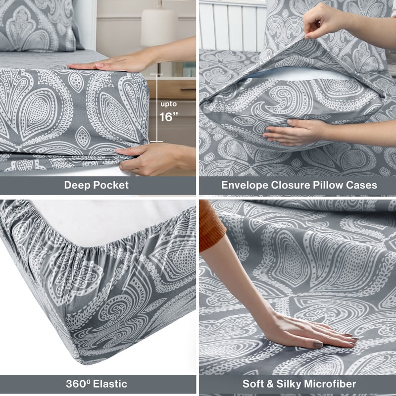Breathable Luxury Lux Decor 4 Piece Queen Sheet Set, Brushed Microfiber Paisley Printed Bed Sheet Set with up to 16" Deep Pocket Fitted... - Luxury Bed Sheet Set with Deep Pockets Detail
