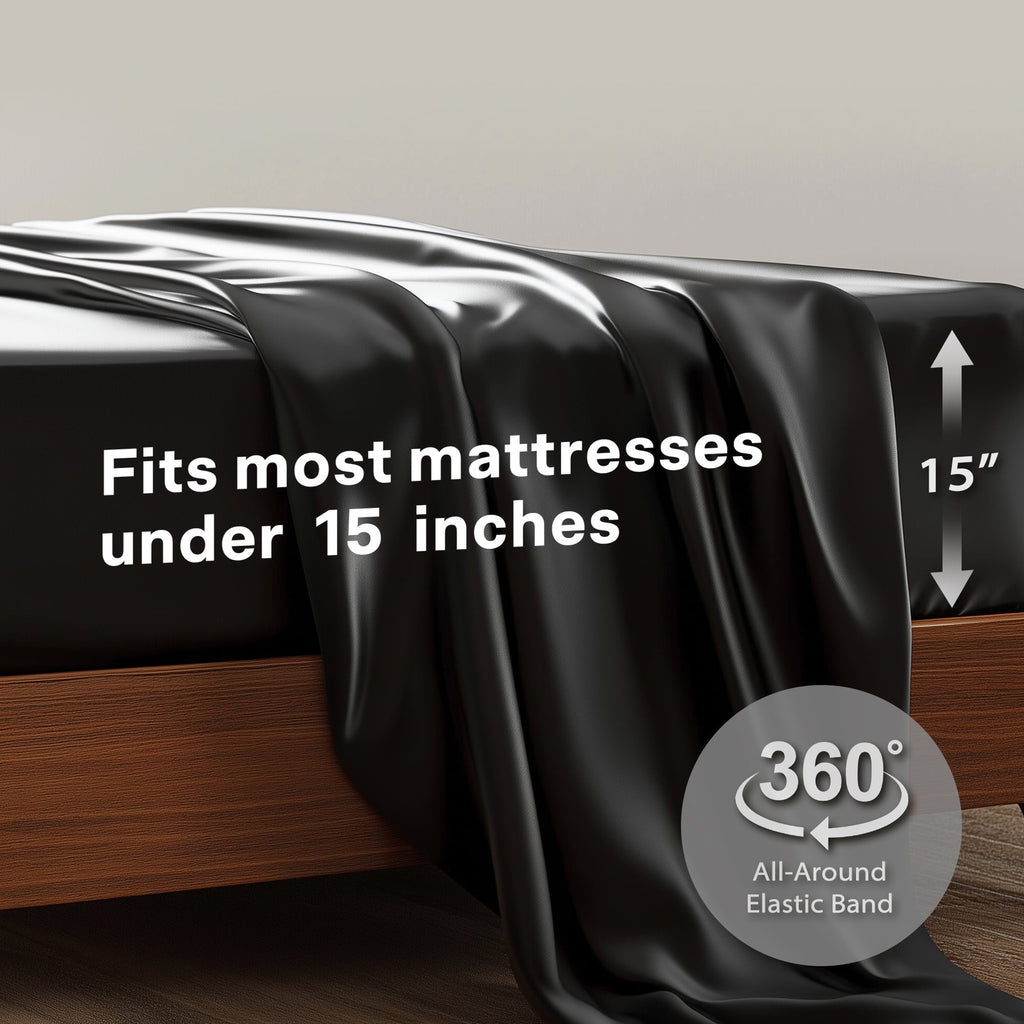 Wrinkle-Resistant Queen Silk Black Bed Sheet Set,4 Pieces 1800 Microfiber 2 Pillowcase 20"x30" - Premium Ultra-Soft Pillowcase Pair for Sleeping Detail