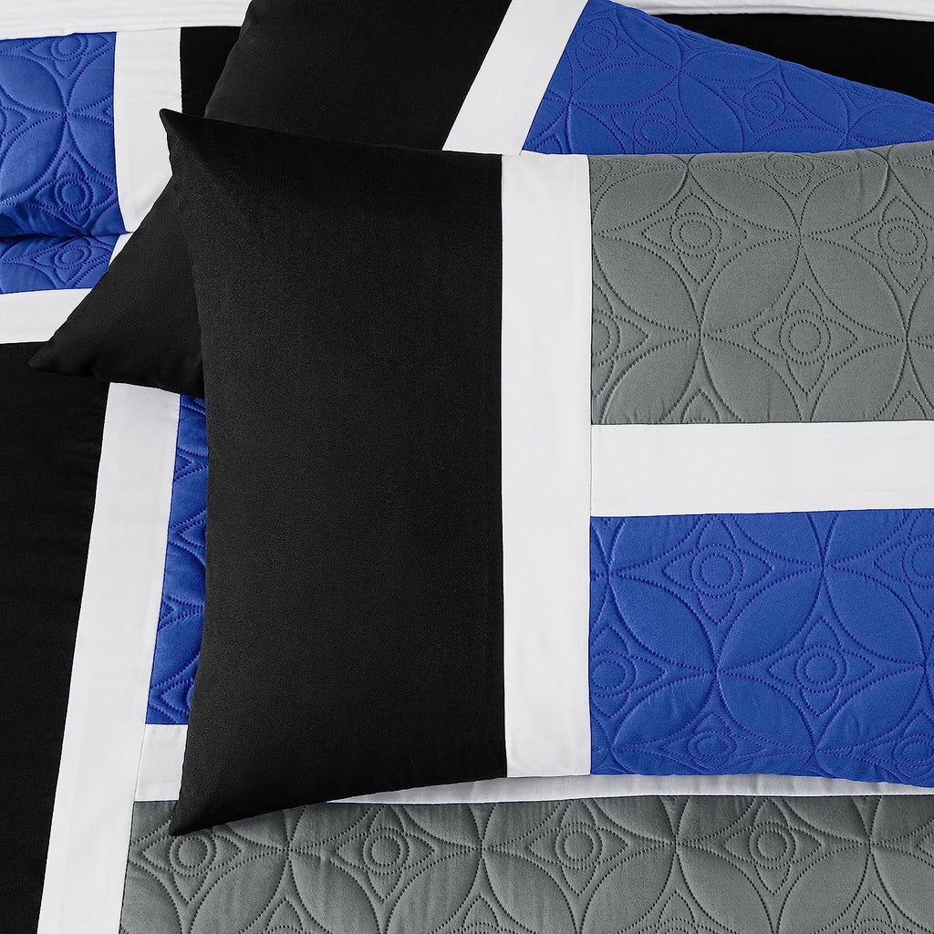 Luxurious Quilted Bernard 7-Piece Full Bed in a Bag Comforter Set with Sheets, Lightweight Comforter Blue Black Gray Patchwork Quilted ... - Hypoallergenic Ultra-Fluffy Quilt for Winter Detail