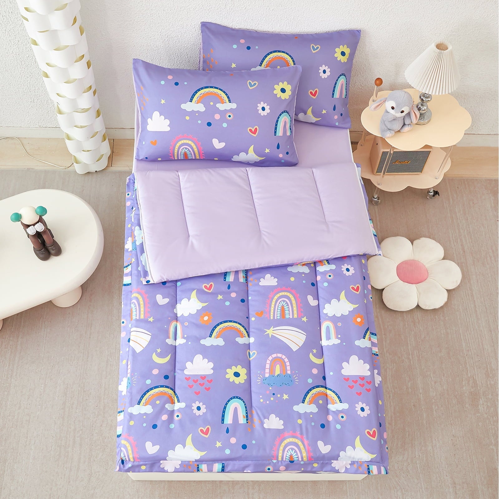 Hypoallergenic Cloud Zipper Kids Comforter Set, 3-Piece Purple Twin Bed in a Bag, Cartoon Rainbow Stars Flowers Printed Zip Up Comforter S... - All-Season Down Alternative Comforter Insert Detail