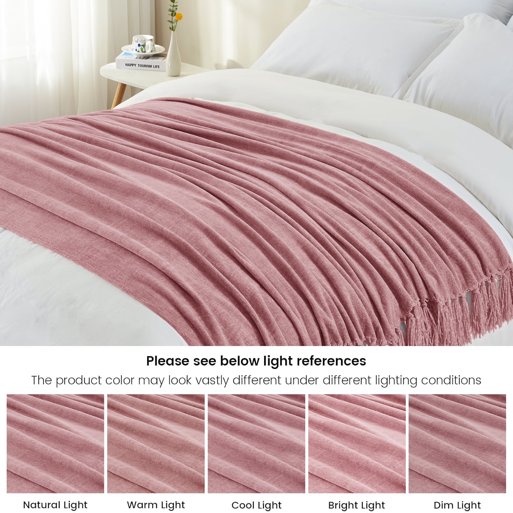 Super Soft Flannel Chenille Throw Blanket with Fringe Tassel for Couch Sofa Chair Bed, Mauve 50" X 70" - Luxury Knitted Decorative Throw Blanket with Fringes Detail