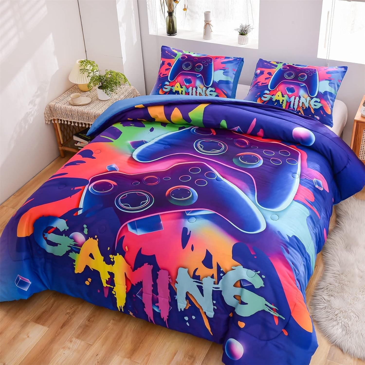 All-Season Purple Queen Gaming Comforter Sets for Boys Kids Bedding Sets Colorful Games Console Gamer Quilt Set - Cloud-Like Soft Lightweight Bed Comforter Detail