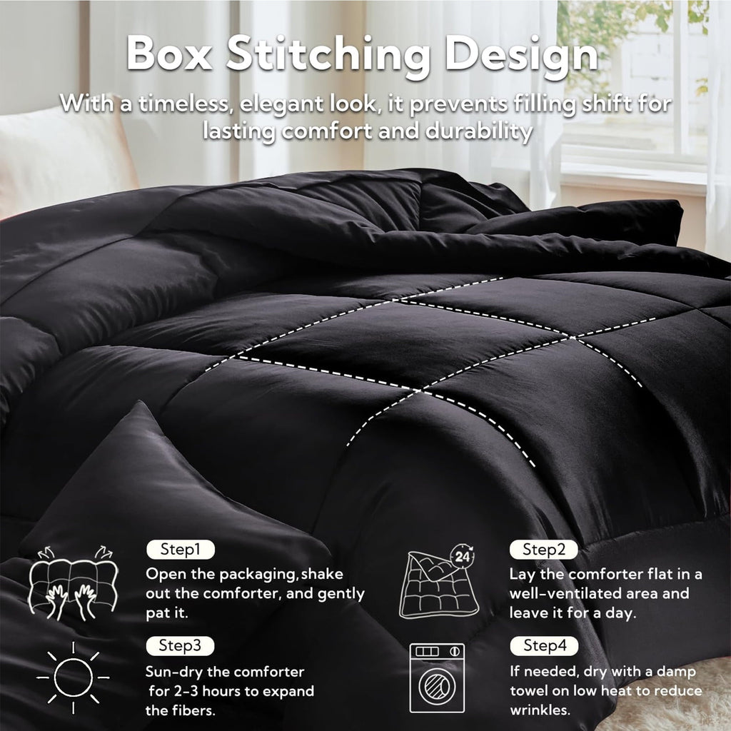 Heavyweight Warmth Reversible Satin Microfiber Comforter 3 Pieces Queen Size, Black Queen Comforter Set for All Seasons, Silky Soft Sati... - Cloud-Like Soft Lightweight Bed Comforter Detail
