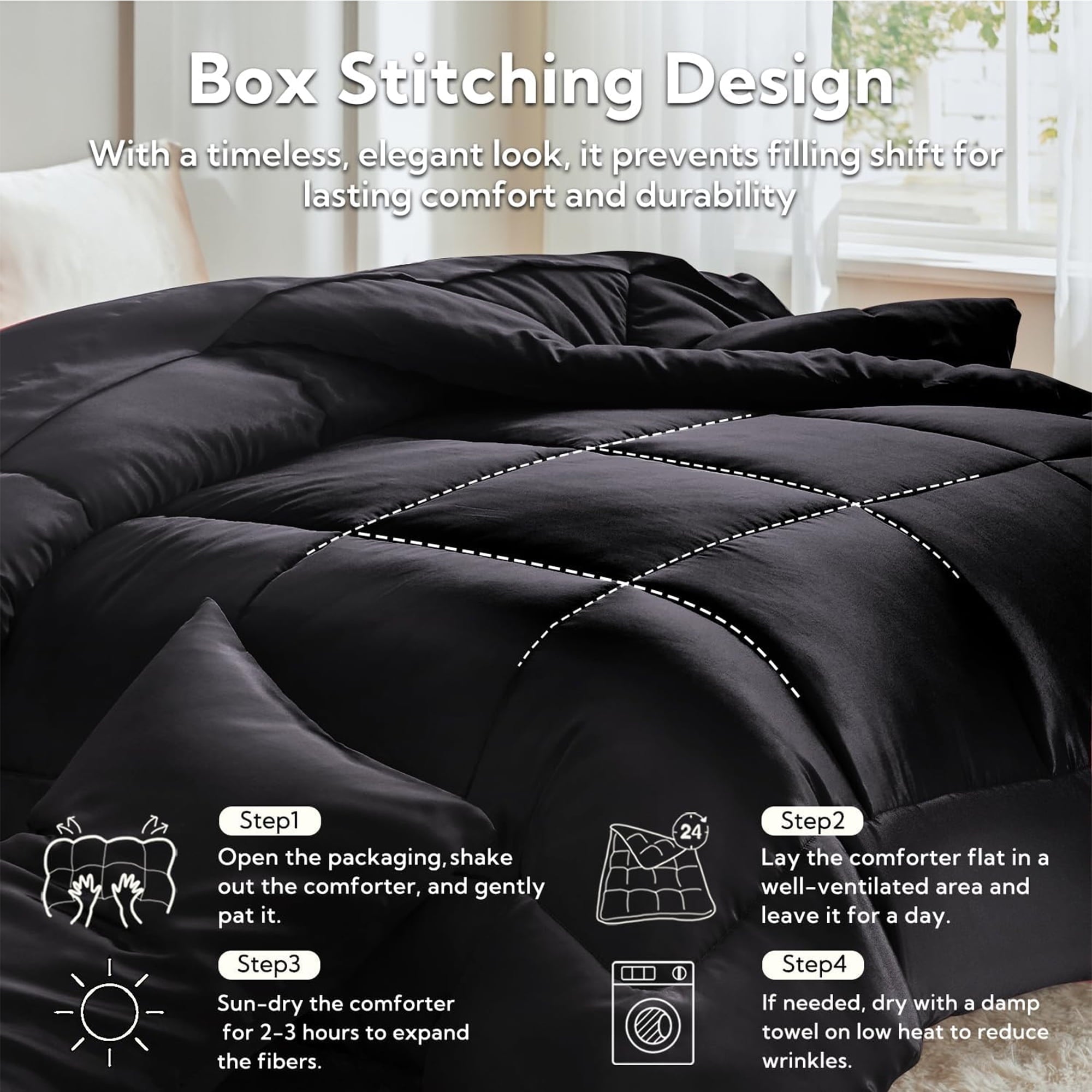 Heavyweight Warmth Reversible Satin Microfiber Comforter 3 Pieces Queen Size, Black Queen Comforter Set for All Seasons, Silky Soft Sati... - Cloud-Like Soft Lightweight Bed Comforter Detail