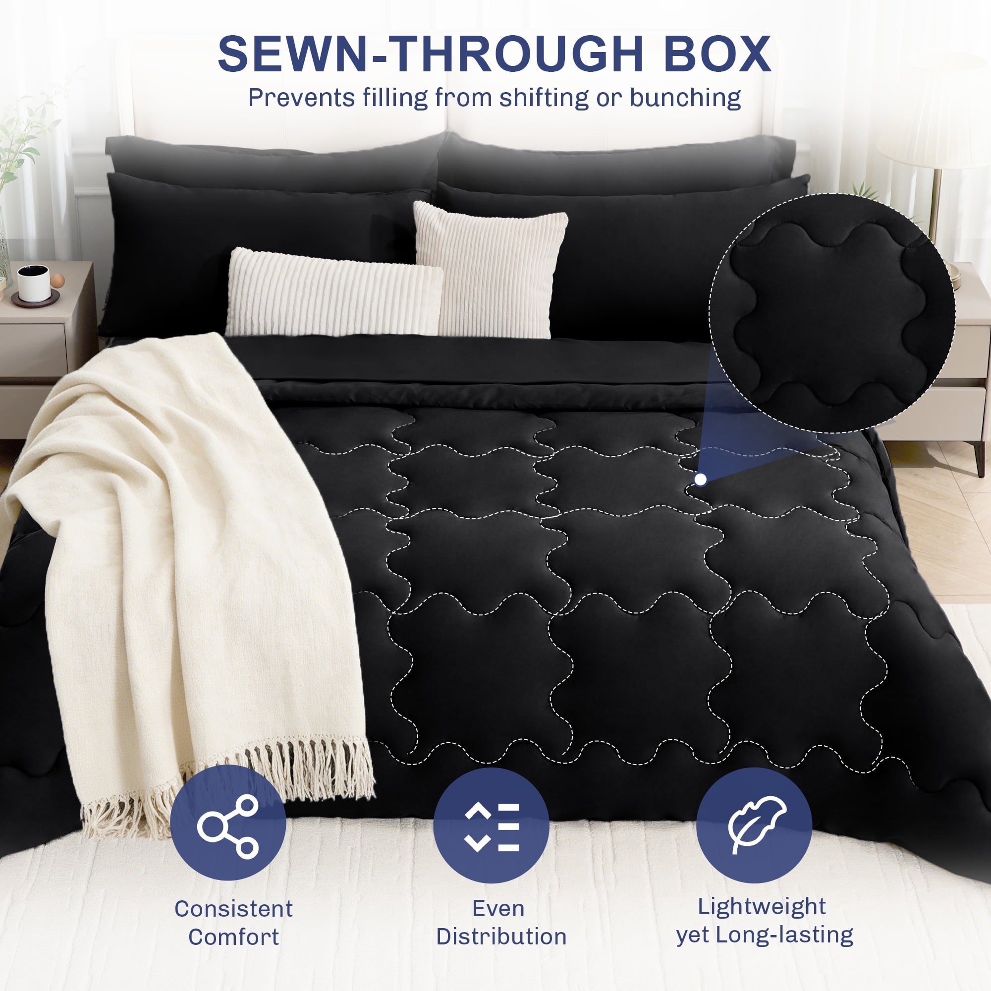 All-Season 7 Pieces Comforter Set Full，Bed in A bag，All Seasons Bedding sets with Comforter,Fitted Sheet,Flat Sheet,Pillowcases ... - Cloud-Like Soft Lightweight Bed Comforter Detail
