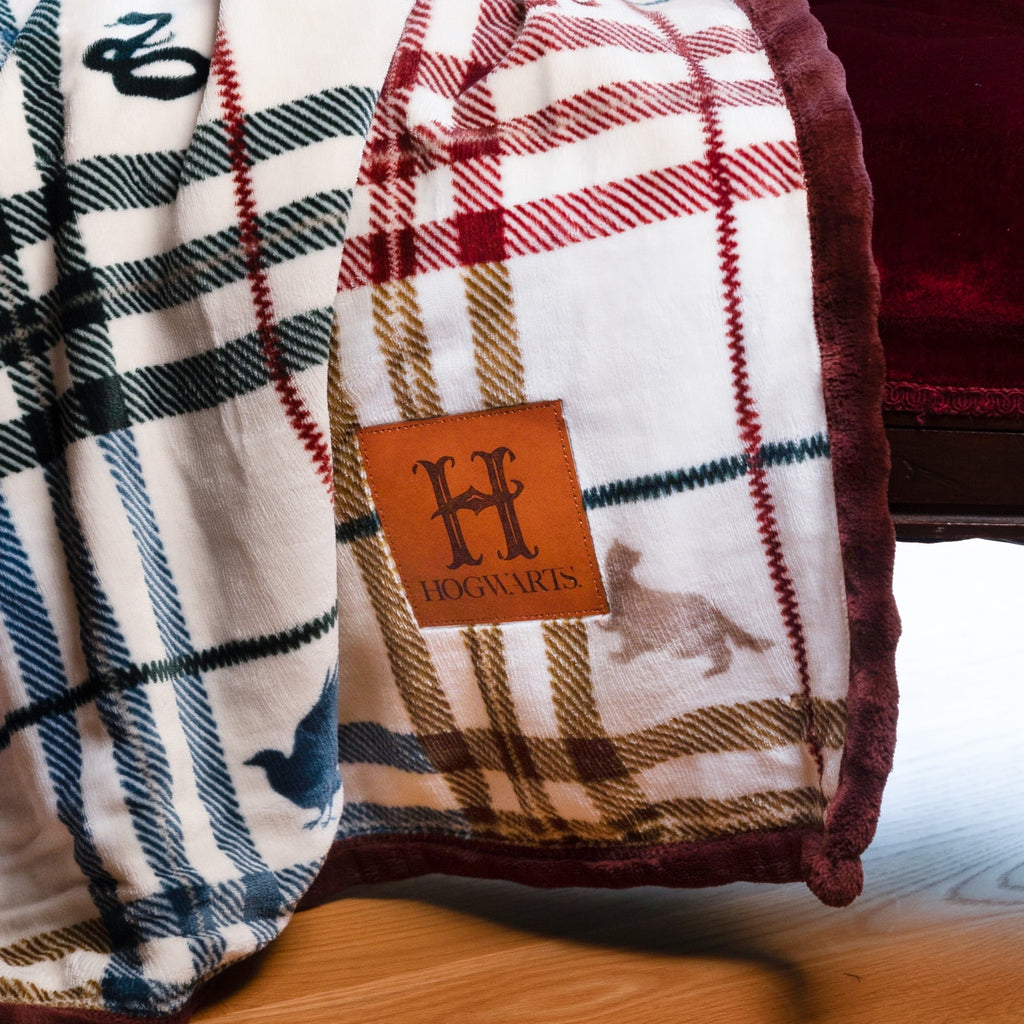 Decorative Knitted Academic Plaid Tartan Crest with Faux Leather Patch and Milky Mink Reverse Throw, 60x70 inches - Luxury Knitted Decorative Throw Blanket with Fringes Detail