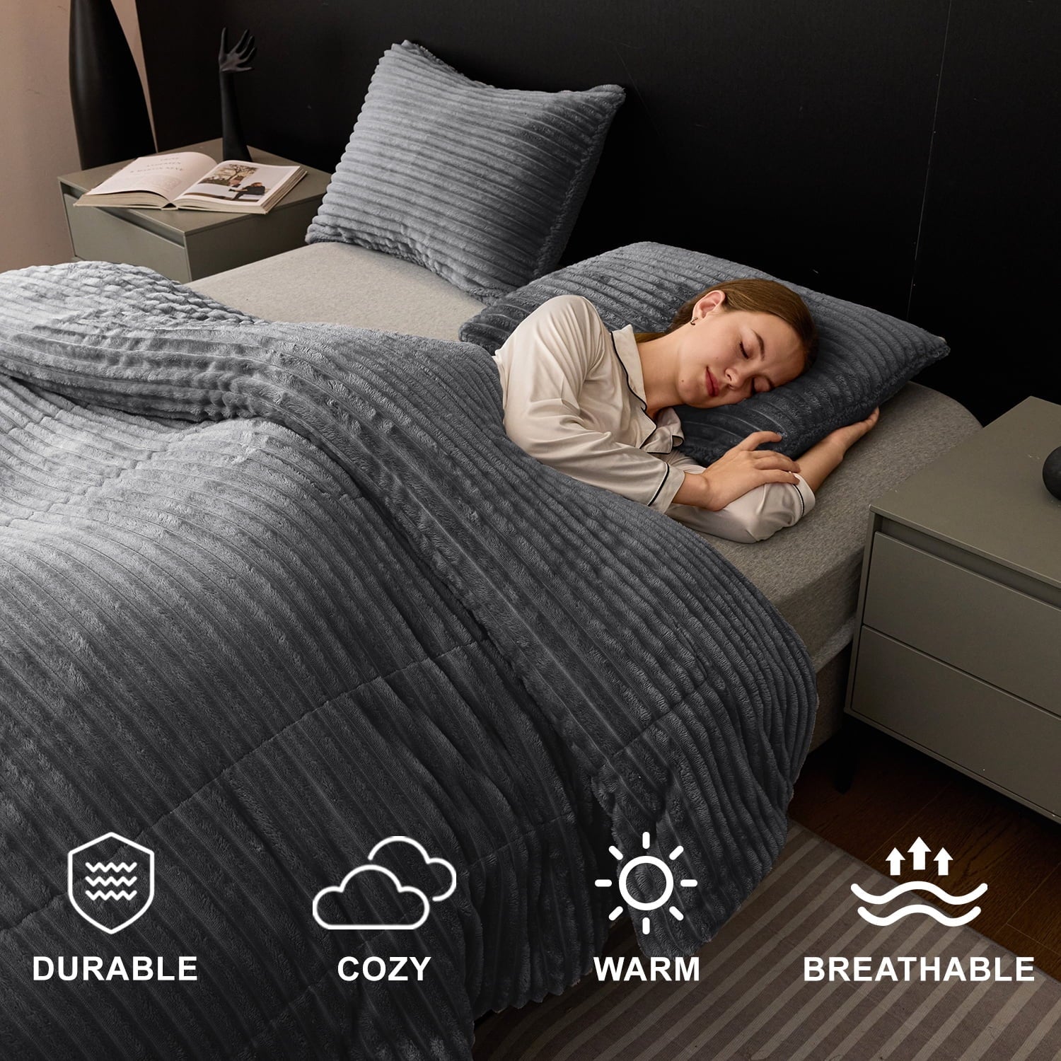 Hypoallergenic Cloud 3 Piece Fleece Queen Comforter Set - Soft & Warm Fluffy Dark Gray Sherpa Bedding , Fuzzy Heavy Double Sided Design Wi... - Hypoallergenic Ultra-Fluffy Quilt for Winter Detail
