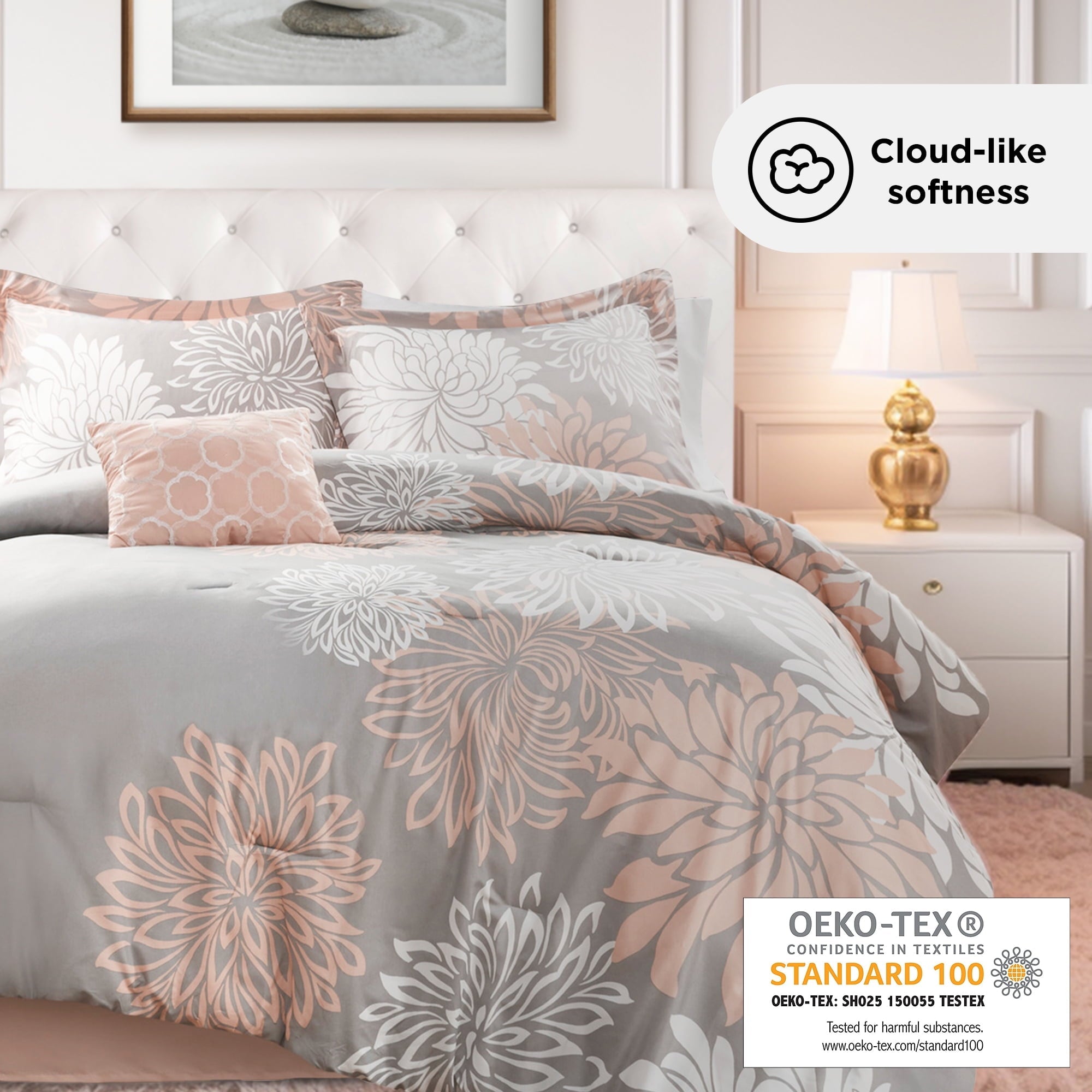 Fluffy Down Alternative King Size Comforter Set, 5-Piece Floral Bedding Set for All Season, Blush Comforter Set King with Bed Skirt - All-Season Down Alternative Comforter Insert Detail