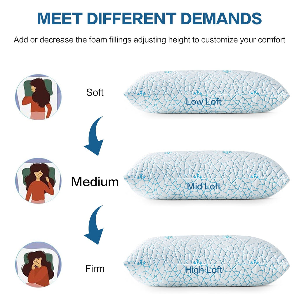 Fluffy Shredded Cooling Memory Foam Queen Pillows Set of 2,Adjustable Support & Heat Dissipation Tech for Side,Back,Stomach & Hot Sle... - Decorative Throw Pillow Cushion for Sofa & Bed Detail