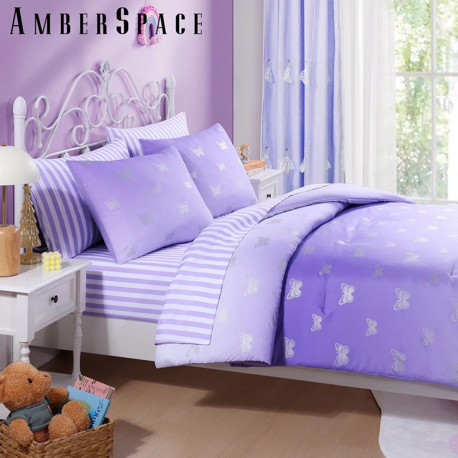 Fluffy Down Alternative gold foil Design 7-piece Bed in a Bag Comforter Set with Sheets,Purple/Silver Butterflies,Full - Cloud-Like Soft Lightweight Bed Comforter Detail