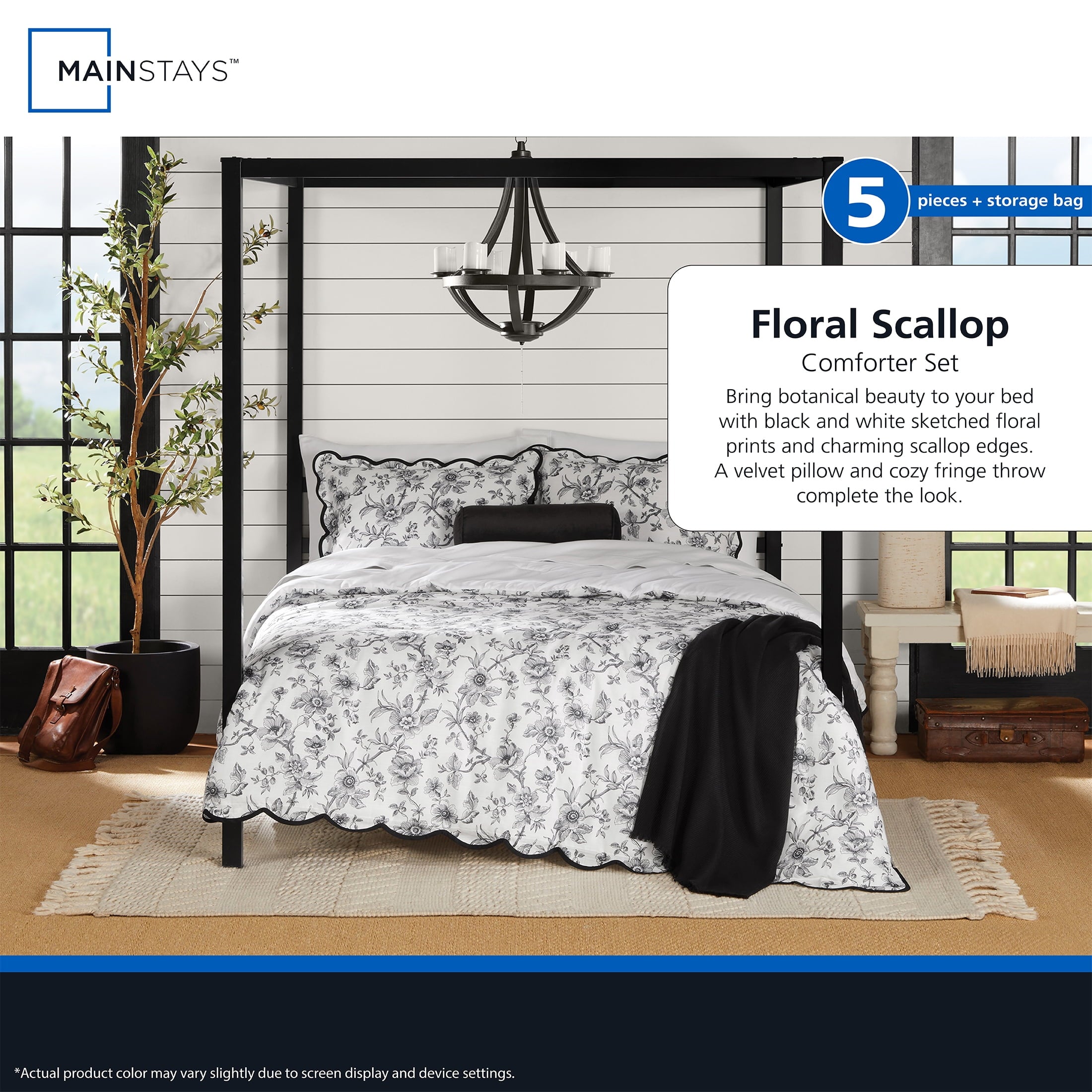 Fluffy Down Alternative Floral Scallop 4-Piece White/Black Comforter Set, Twin/Twin XL - Luxurious Quilted Duvet Cover Set Detail