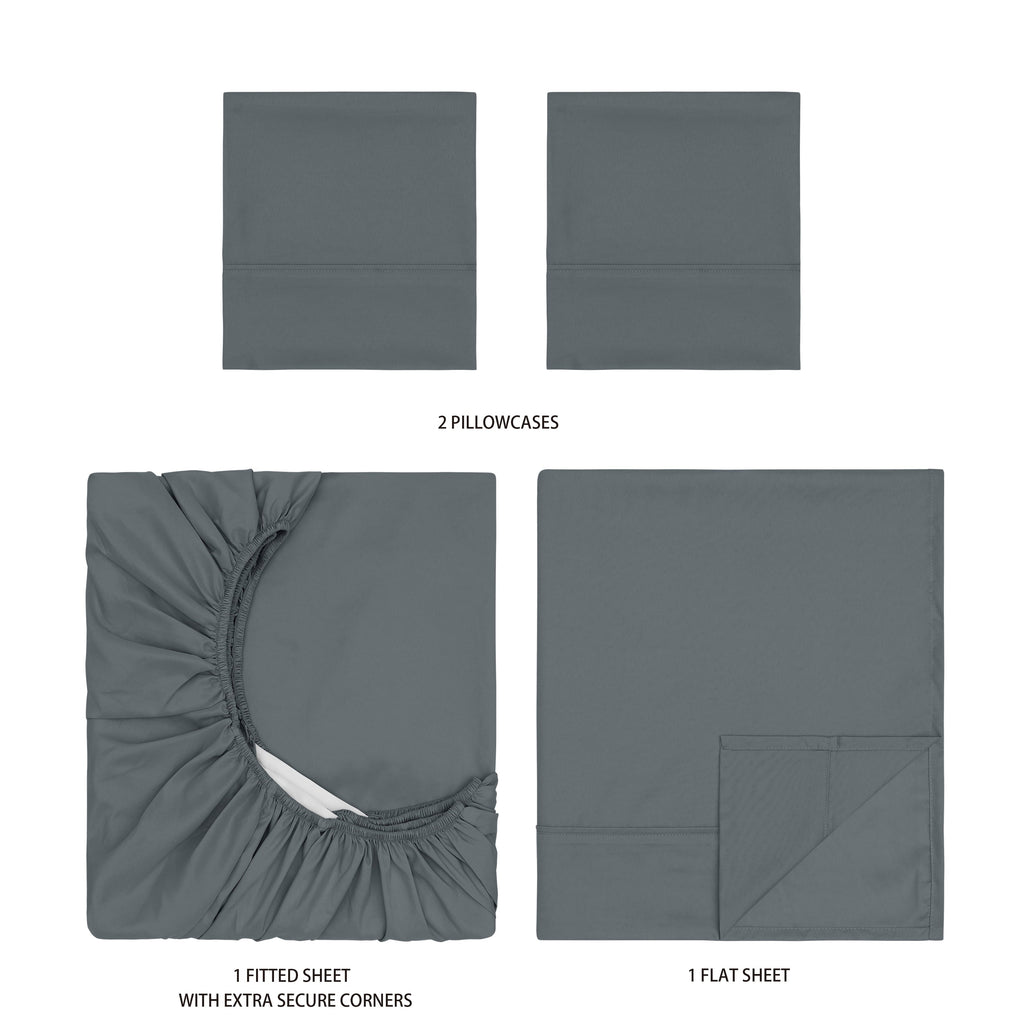 Cooling Sateen Super Soft Brushed Microfiber Bed Sheet Set, Soothing Gray, Queen, 4 Piece - Cooling Hotel Quality Bedding Sheets and Pillowcases Detail