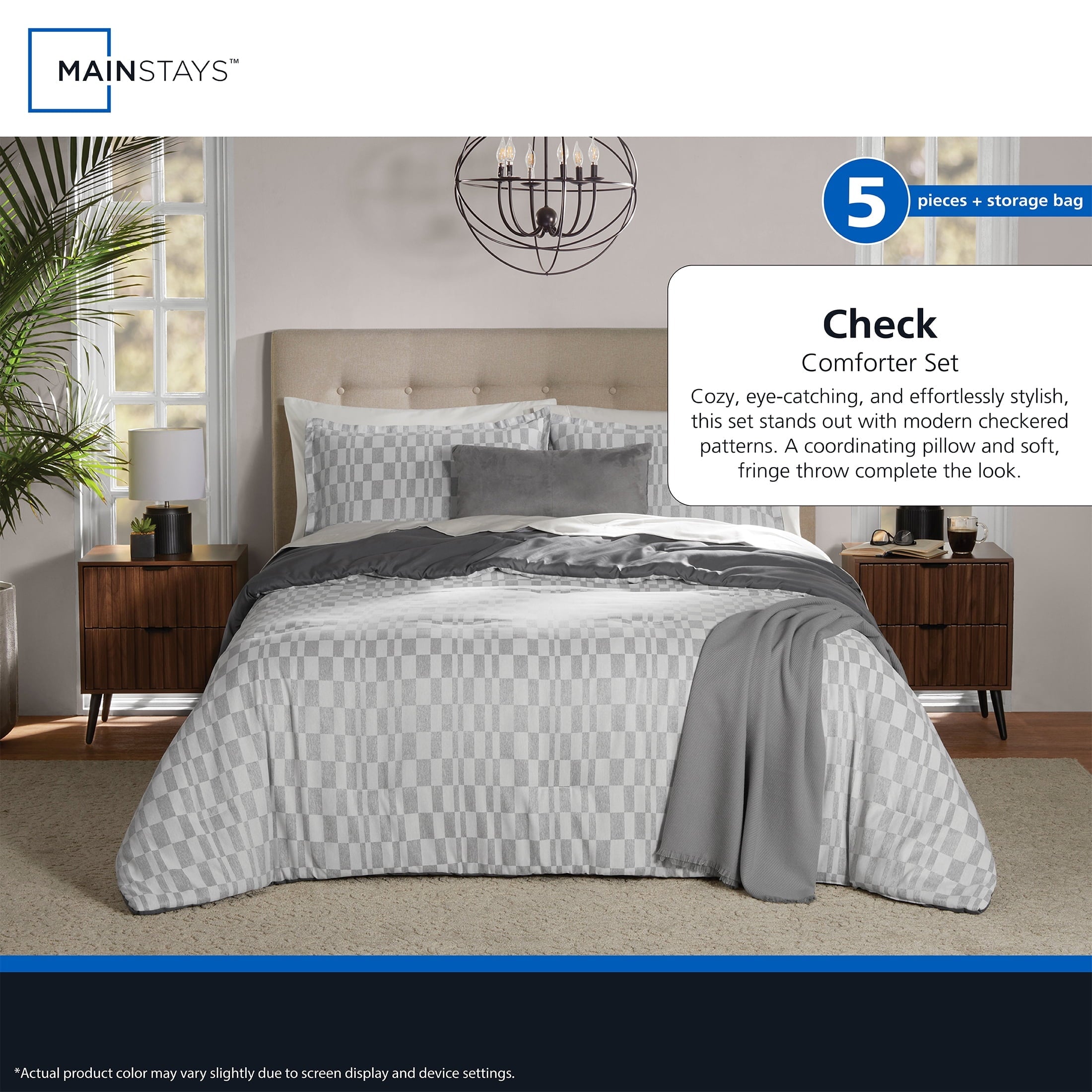 Fluffy Down Alternative Full/Queen Comforter Set, All-Season, 5-Piece, Soft Silver Check - All-Season Down Alternative Comforter Insert Detail