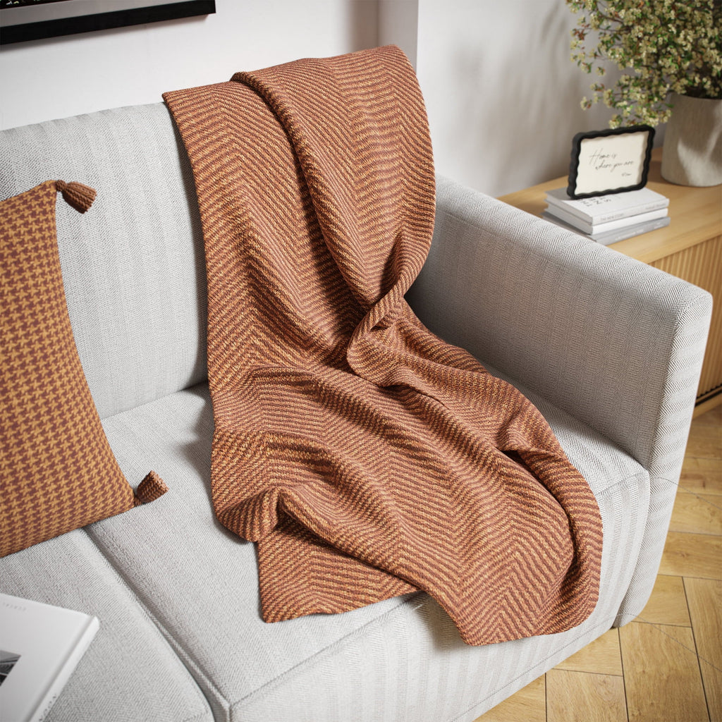 Lightweight Warm Beautiful Rust Woven Herringbone Throw , 50" x 60" - Super Soft Reversible Sherpa Flannel Blanket Detail