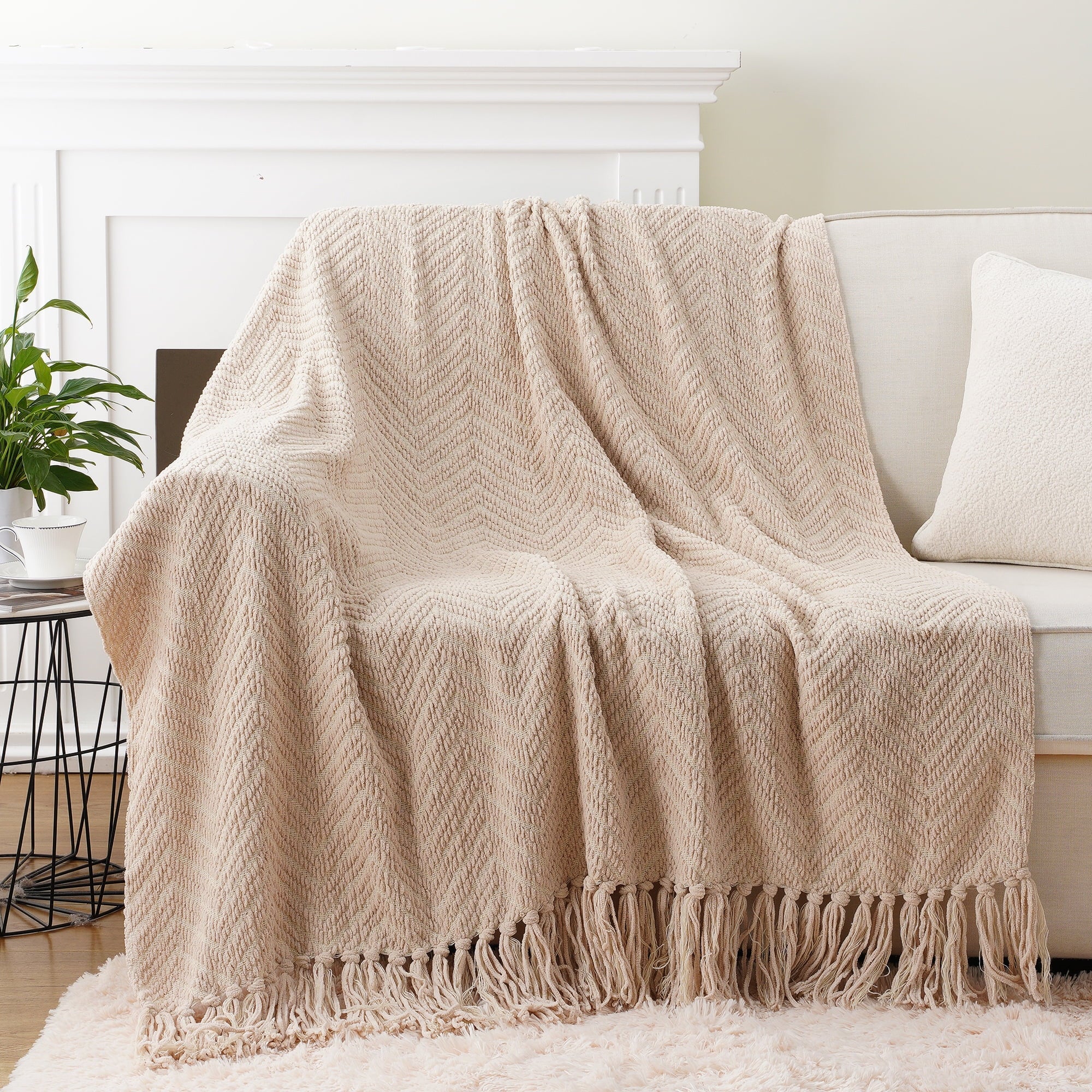 Reversible Sherpa Beige Throw Blanket,Textured Knitted Tan Throws with Tassels,Neutral Sofa Bed Throws,50"x60" - Lightweight Plush Warm Blanket for All Seasons Detail