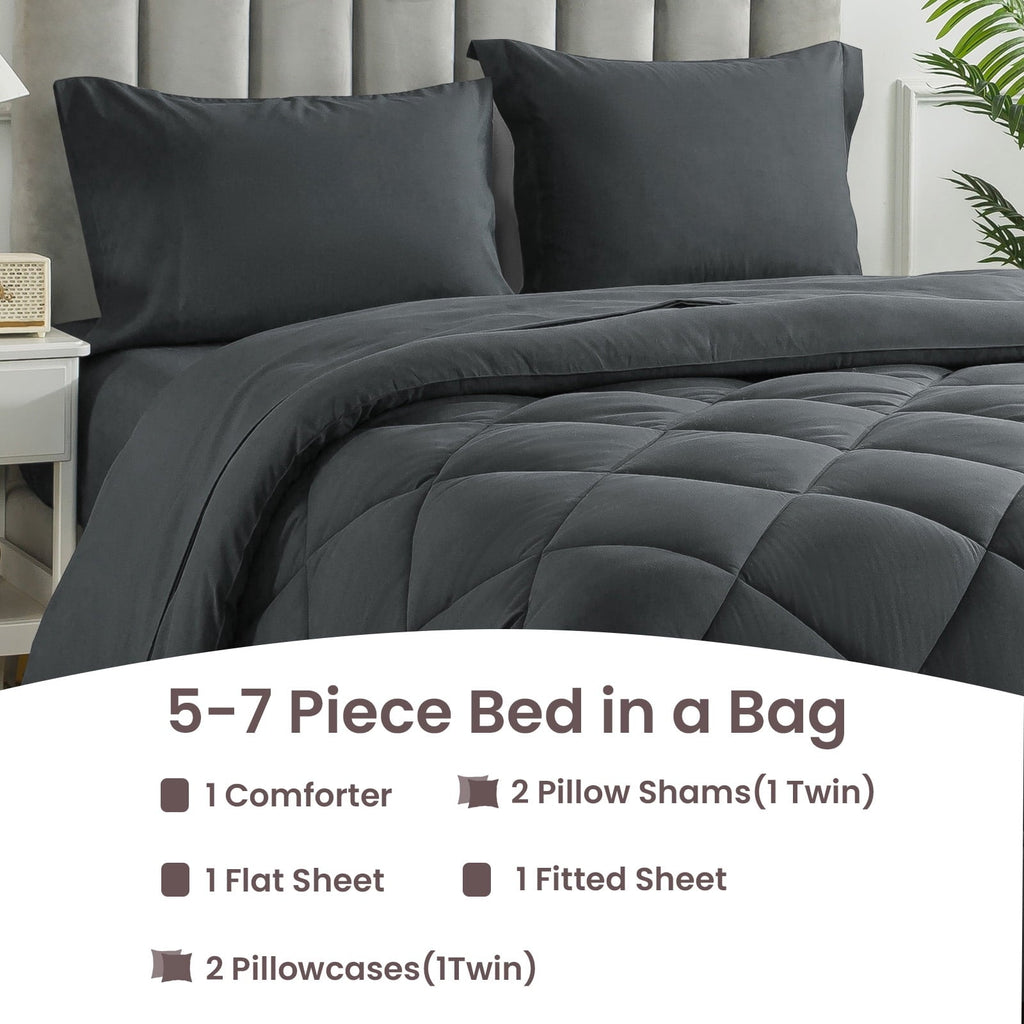 Hypoallergenic Cloud Queen Bed in a Bag Comforter Set with 7 Pieces - Dark Gray All Season Bedding Sets with Comforter, Pillow Shams, Flat... - Cloud-Like Soft Lightweight Bed Comforter Detail