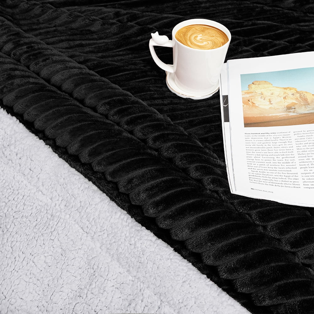 Cozy Fleece Reversible Sherpa Fleece Throw Blanket Black, Plush Flannel Throw, Ultra Soft Warm Ribbed Microfiber Blanket for Sofa... - Cozy Fleece Throw Blanket for Couch & Bed Detail