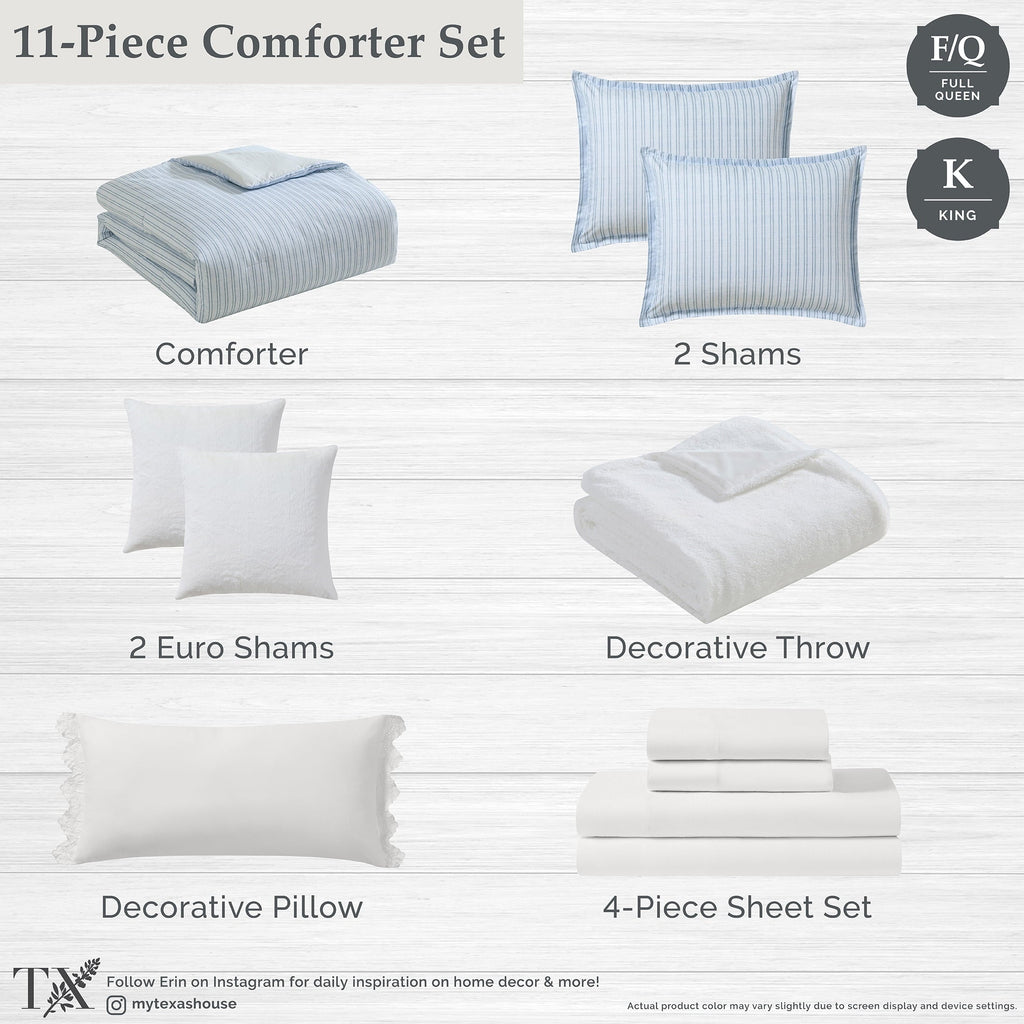 Luxurious Quilted Stripe 11-Piece Comforter Set with Sheets, Blue, Queen - Luxurious Quilted Duvet Cover Set Detail