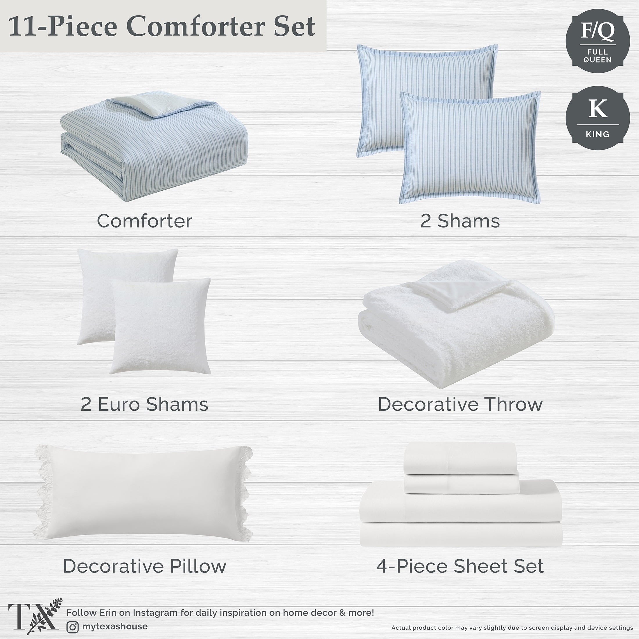 Luxurious Quilted Stripe 11-Piece Comforter Set with Sheets, Blue, Queen - Luxurious Quilted Duvet Cover Set Detail
