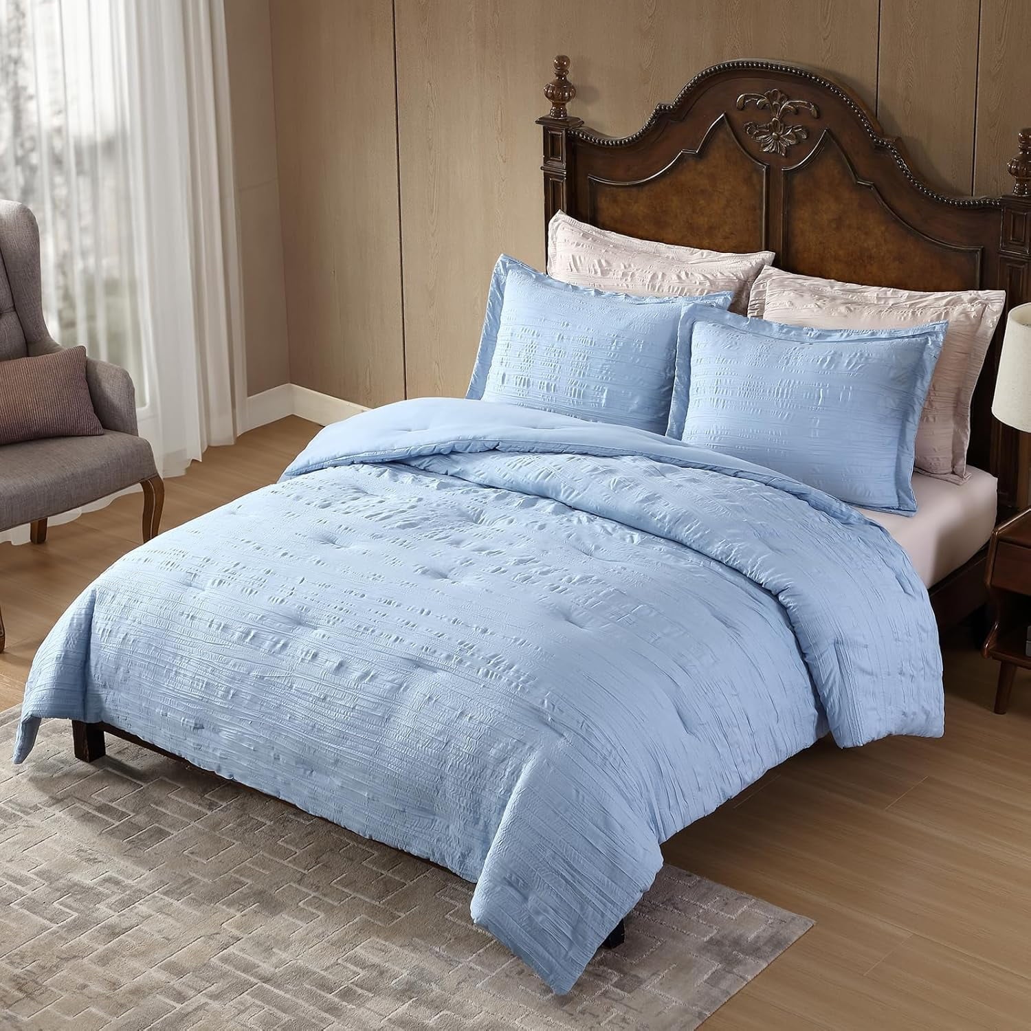 Fluffy Down Alternative Queen Comforter Set Chambray Blue, 3 Pieces Comforter Set, All Season Lightweight Soft Embossed Bedding (86" x 88" Co... - All-Season Down Alternative Comforter Insert Detail