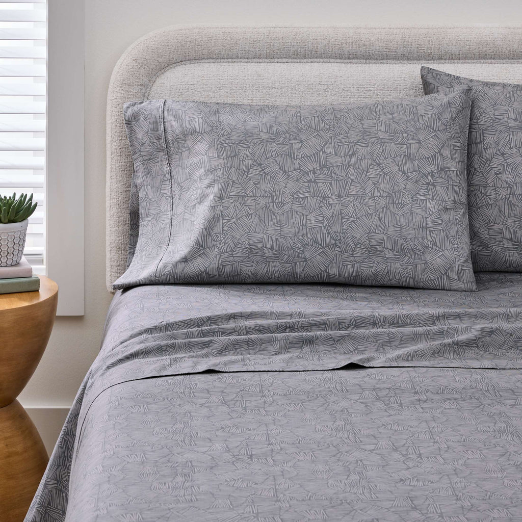 Cooling Sateen 300 Thread Count 3-Piece Cotton Percale Ziggy Geo Print Grey Flannel Bed Sheet Set, Twin - Cooling Hotel Quality Bedding Sheets and Pillowcases Detail