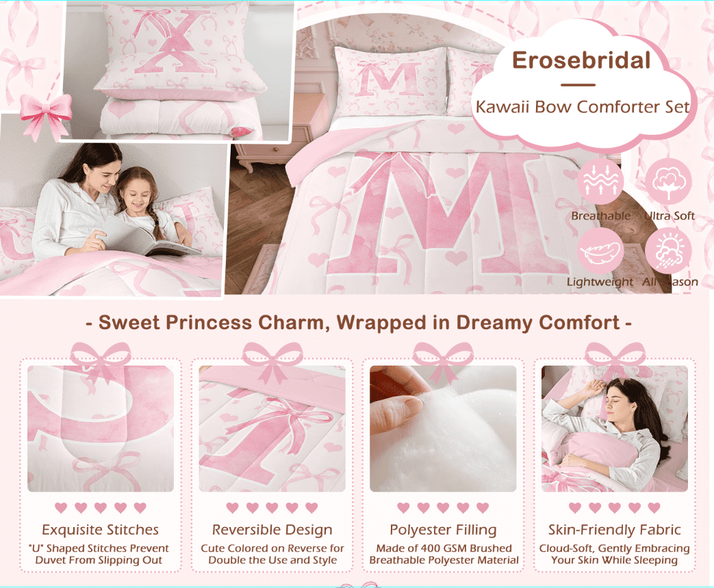 Luxurious Quilted Kawaii Bowknot Bedding Sets Full with Comforter, Initial H Duvet Insert, Romantic Initial A-Z Decor, Reversible - All-Season Down Alternative Comforter Insert Detail