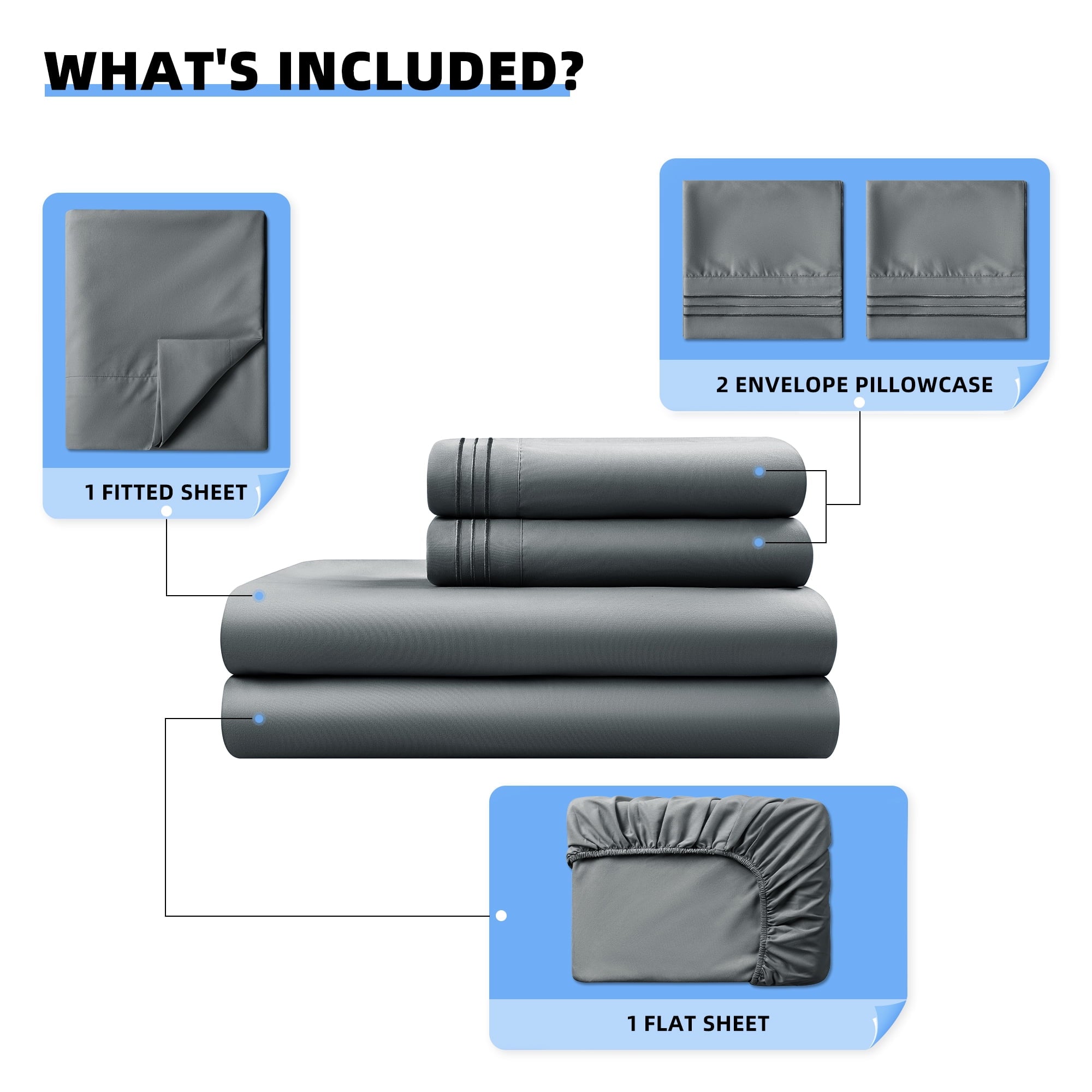 Premium Egyptian Cotton Shilucheng 4 Pieces Luxury Bed Sheets Set, Plush Microfiber Bed Sheets, 16" Deep Pocket, Queen, Dark Gray - Premium Ultra-Soft Pillowcase Pair for Sleeping Detail