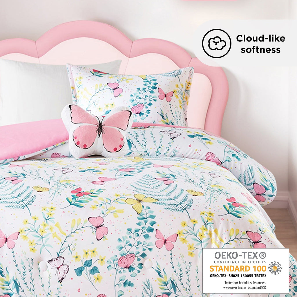 All-Season Full/Queen Size Comforter Sets, 4-Piece Kids Bedding Set for Girls, Butterfly Floral Comforter Bed Set, White/Pink - Luxurious Quilted Duvet Cover Set Detail