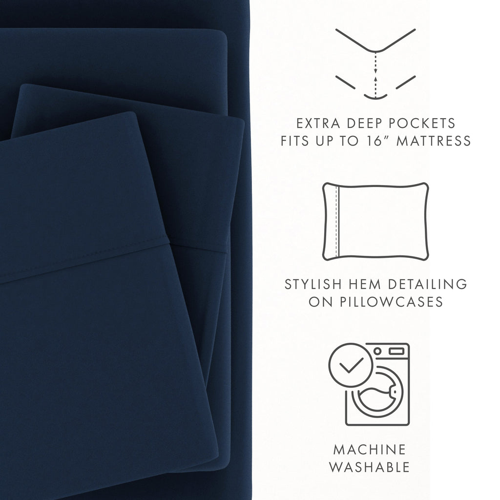 Breathable Luxury 4 Piece Solid Microfiber Bed Sheet Set, Navy, Queen - Luxury Bed Sheet Set with Deep Pockets Detail