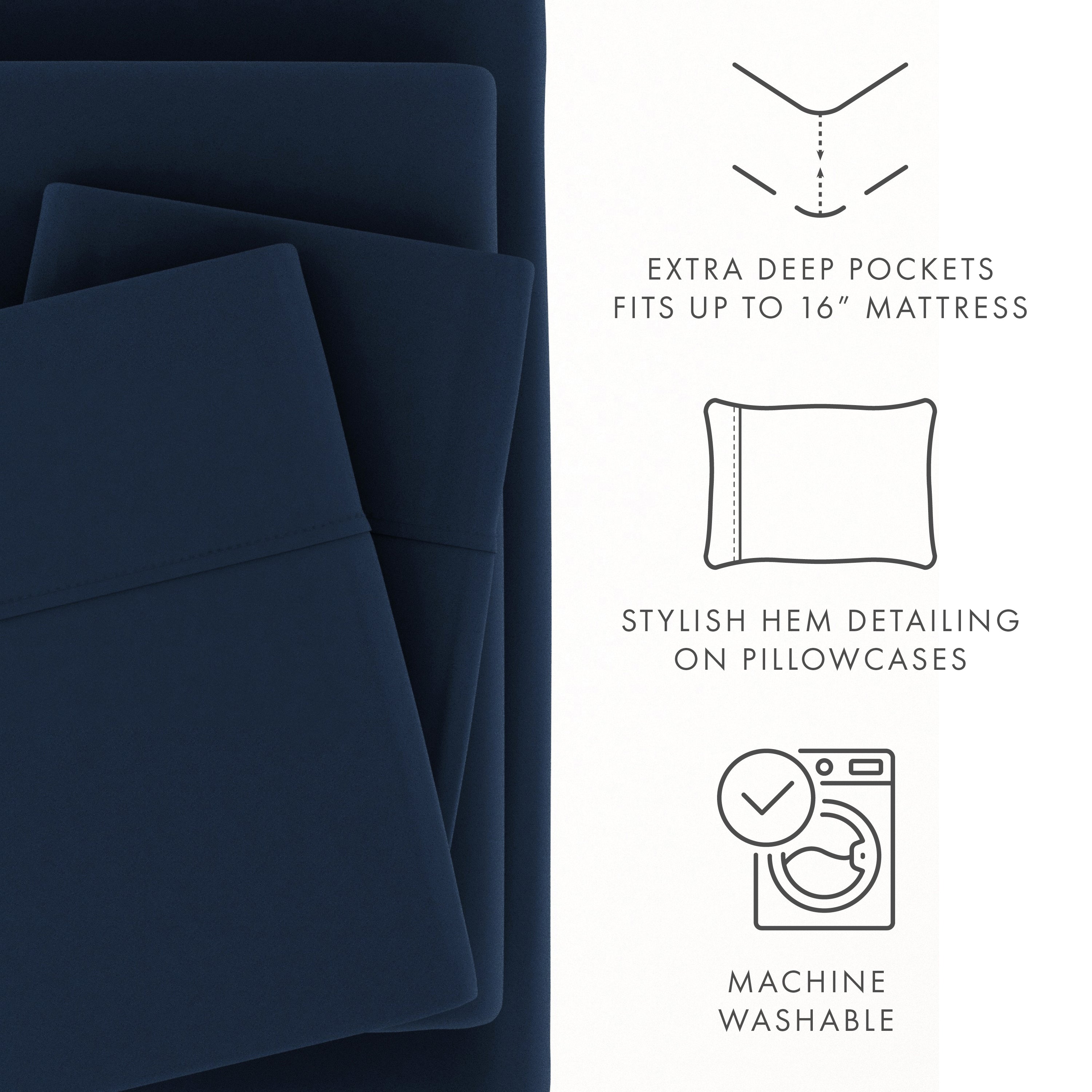 Breathable Luxury 4 Piece Solid Microfiber Bed Sheet Set, Navy, Queen - Luxury Bed Sheet Set with Deep Pockets Detail