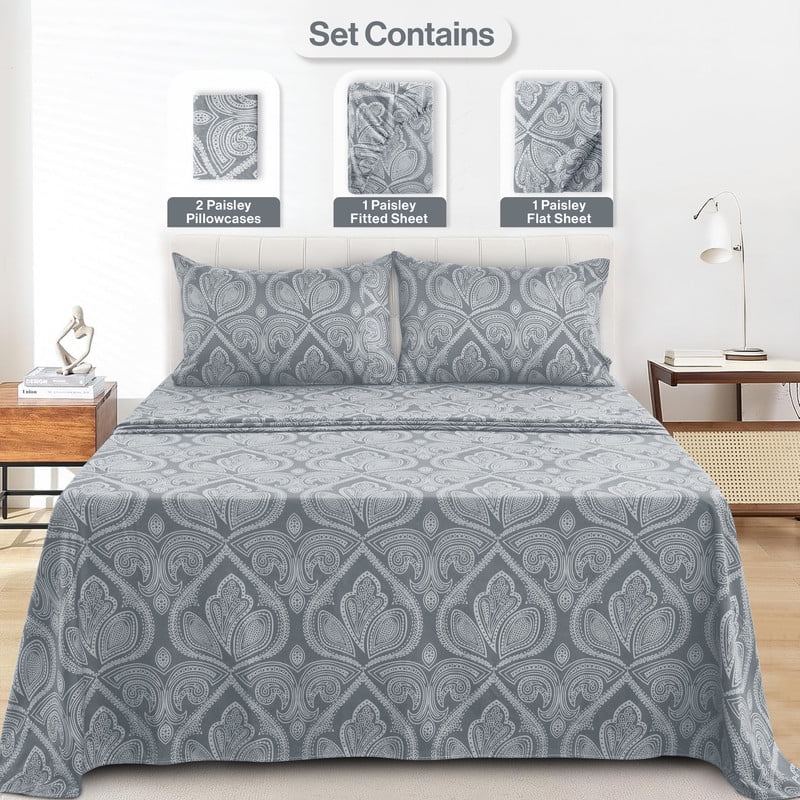Breathable Luxury Lux Decor 4 Piece Queen Sheet Set, Brushed Microfiber Paisley Printed Bed Sheet Set with up to 16" Deep Pocket Fitted... - Luxury Bed Sheet Set with Deep Pockets Detail