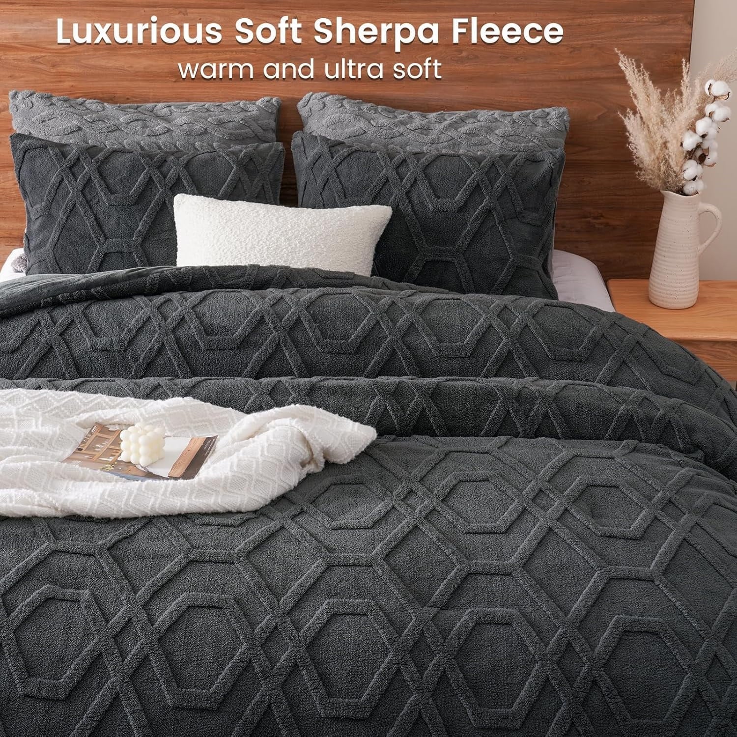 All-Season Warm Sherpa Fleece Queen Comforter Set, 3D Tufted Fluffy Dark Grey Bedding for Winter, Soft 3 Pieces Shaggy Bed Set, ... - Hypoallergenic Ultra-Fluffy Quilt for Winter Detail