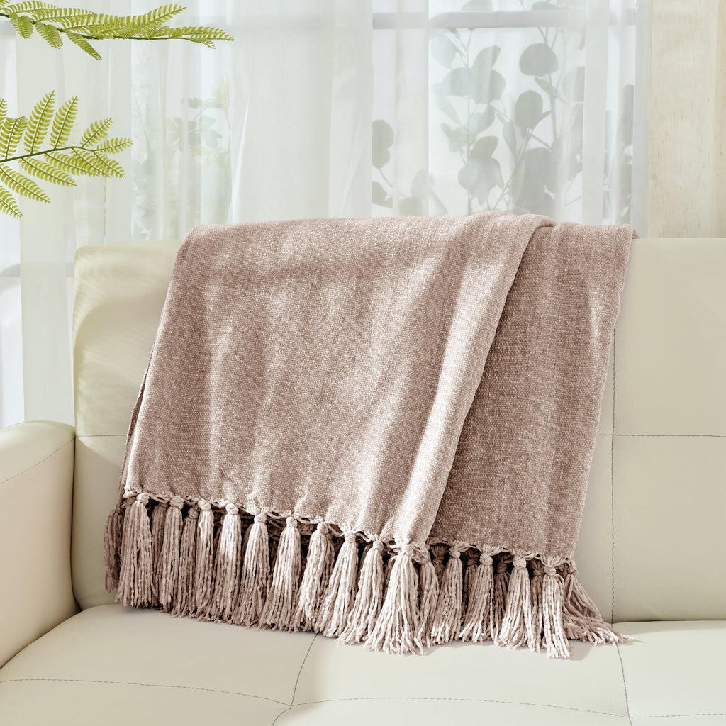 Lightweight Warm Chenille Throw Blanket with Fringe Tassel for Couch Sofa Chair Bed, Taupe 50" X 60" - Luxury Knitted Decorative Throw Blanket with Fringes Detail
